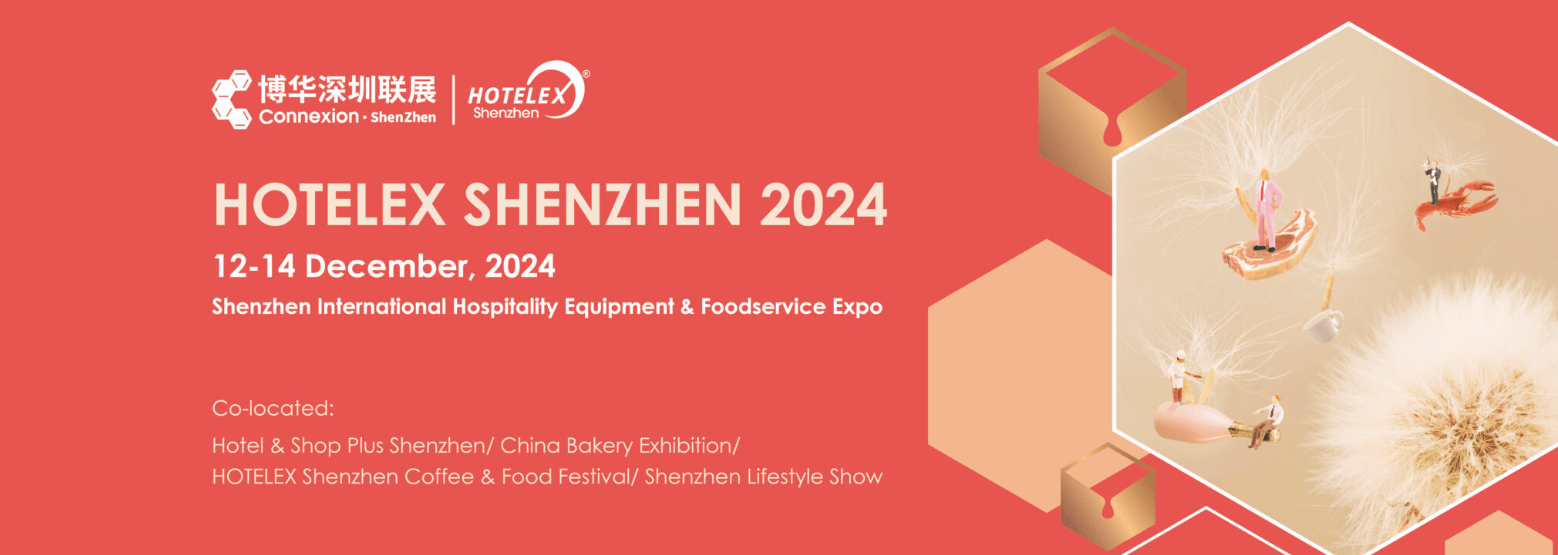 Promotional banner for Hotelex Shenzhen 2024, taking place from December 12-14, 2024. The banner highlights the event as the 'Shenzhen International Hospitality Equipment & Foodservice Expo.' The logos for Connexion Shenzhen and Hotelex are displayed at the top, with additional text mentioning co-located events like Hotel & Shop Plus Shenzhen, China Bakery Exhibition, Hotelex Shenzhen Coffee & Food Festival, and Shenzhen Lifestyle Show. The background is red with an abstract image of dandelion seeds carrying miniature figures, including people and food items.